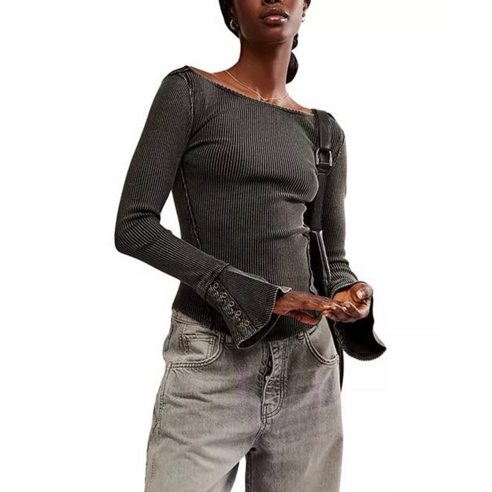 We The Free People Soul Sister Layering Top Womens Large Gray Bell Sleeve Ribbed